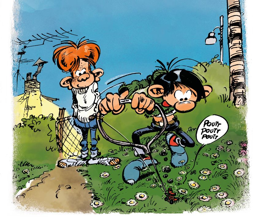 Gaston Lagaffe et sa mini-tondeuse qui épargne les pâquerettes