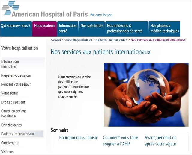 Capture d'écran du site internet de l'hôpital américain de Paris https://www.american-hospital.org/, 5 janvier 2017