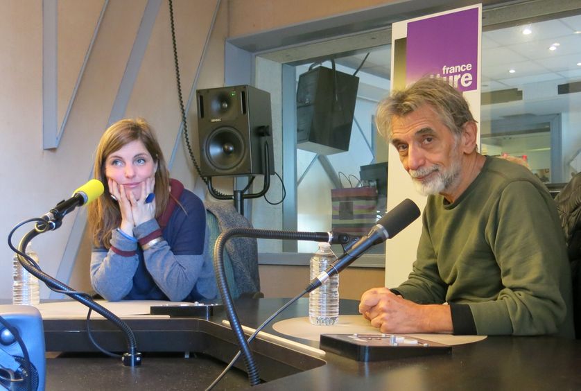 France Culture, studio 152... Le dessinateur Baudoin & Émilie Le Roux metteure-en-scène (de g. à d.)