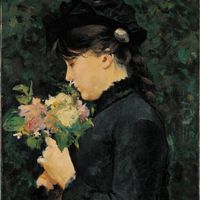 Portrait de Eleonora Tommasi. Une femme de profil en robe noir avec un bouquet de fleurs. Peinture de Silvestro Lega (1826-1895)