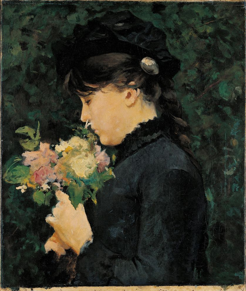 Portrait de Eleonora Tommasi. Une femme de profil en robe noir avec un bouquet de fleurs. Peinture de Silvestro Lega (1826-1895)