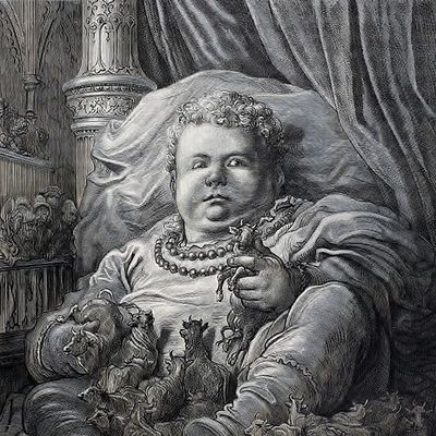Enfance de Pantagruel. Au berceau, le géant boit le lait de 4 600 vaches. Gravure de Gustave Doré du chapitre IV de Pantagruel, éditions de Garnier Frères, 1873.