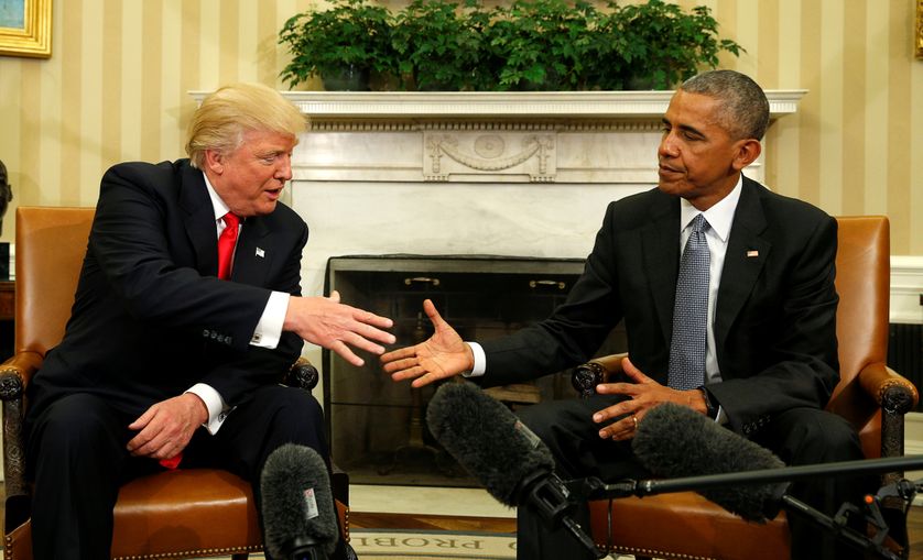 Donald Trump reçu par le président Barack Obama à la Maison Blanche à Washington, Etats-Unis.