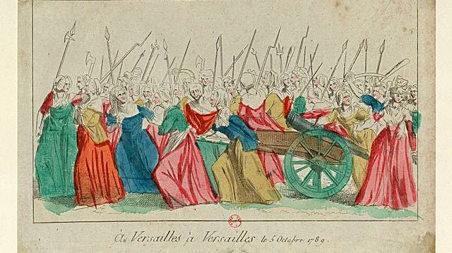 La marche des femmes le 5 octobre 1789. Sur la droite, on aperçoit une bourgeoise entraînée par l'une des manifestantes.