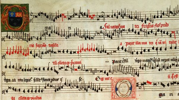 Incipit de la partition du motet "O Maria salvatoris mater" de John Browne, Livre de choeur d'Eton (v. 1490)