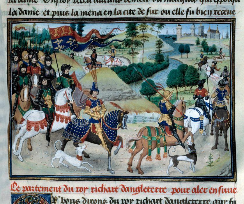 "Troisieme croisade : Richard Coeur de lion (ou Richard Ier d'Angleterre (1157-1199) s'embarque en juin 1191 pour la terre Sainte au depart de Chypre" Miniature de Loyset Liedet (1420-1479) 15eme siecle