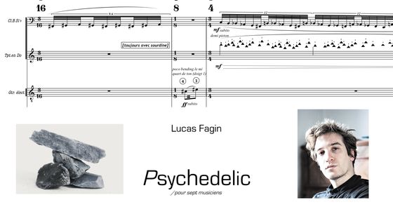 Logo Ensemble Cairn et Lucas Fagin sur fond de partition Psychedelic de L Fagin
