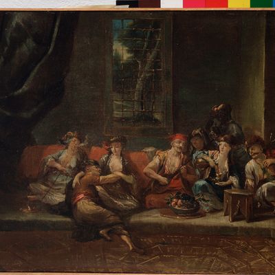 "Le harem, scene turque, odalisques et Turcs fumant des narguiles sur des coussins" Peinture de Gianantonio Guardi ou Giovanni Antonio Guardi (1699-1761)