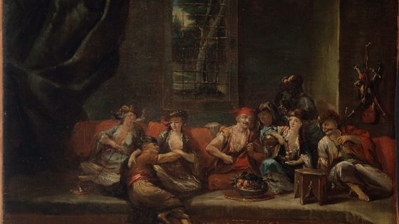"Le harem, scene turque, odalisques et Turcs fumant des narguiles sur des coussins" Peinture de Gianantonio Guardi ou Giovanni Antonio Guardi (1699-1761) ©AFP - LEEMAGE