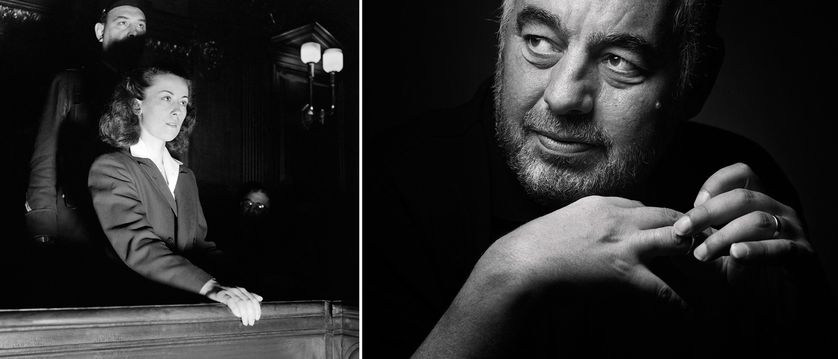 Pauline Dubuisson à son procès en 1953 et Philippe Jaenada, auteur d'un récit sur l'histoire de Pauline Dubuisson "La petite femelle"