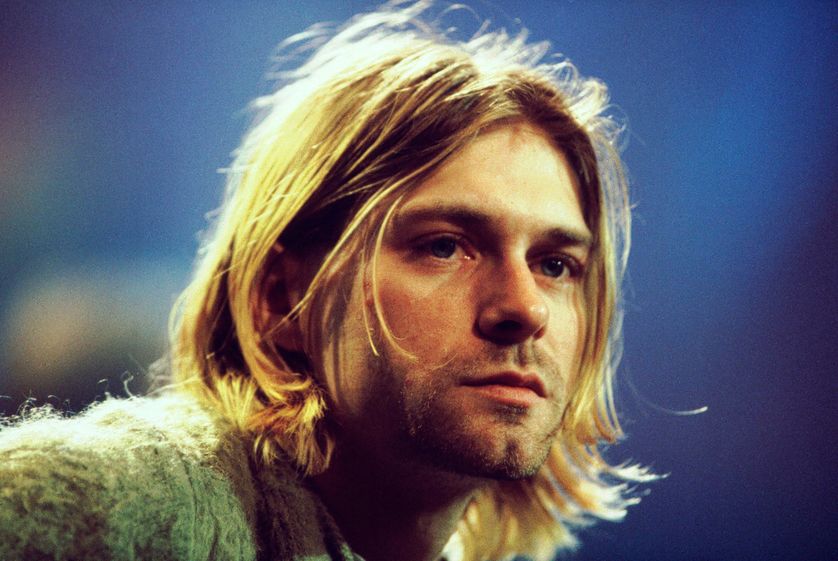Kurt Cobain leader du groupe Nirvana à une séance d'enregistrement à New York, un an avant son suicide.