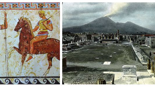 Soldats Samnites, détail fresque, tombe à Nola, IVe s. Av.JC, Museo archeologico nazionale di Napoli/Vue de Pompéi, Forum & Vésuve, cliché de W. H. Goodyear, avant 1923, Brooklyn Museum Archive/Vue de Pompéi & du Vésuve par un drone en nov. 2015 - Wikicommons/William Henry Goodyear/ElfQrin