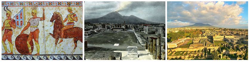 Soldats Samnites, détail fresque, tombe à Nola, IVe s. Av.JC, Museo archeologico nazionale di Napoli/Vue de Pompéi, Forum & Vésuve, cliché de W. H. Goodyear, avant 1923, Brooklyn Museum Archive/Vue de Pompéi & du Vésuve par un drone en nov. 2015