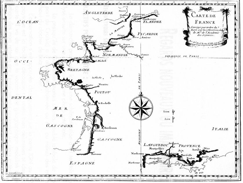La "Carte de France corrigée par ordre du Roy", montre la côte française recalculée.