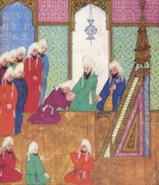 Miniature persane (vers 1595) : Saqifah faisant serment d'allégeance à Abu Bakr. Sur la droite Umar.