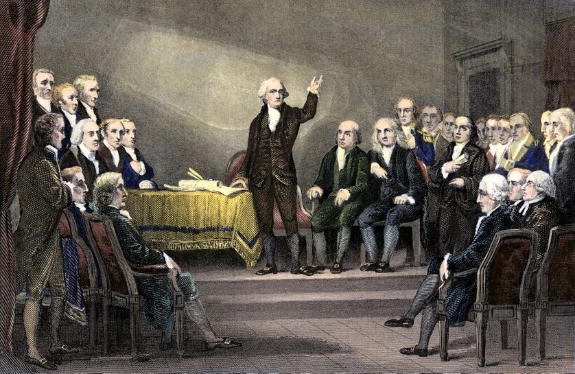 George Washington préside la Convention constitutionnelle adoptant la Constitution américaine en 1787 à Philadelphie.