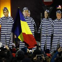 Représentation des principaux protagonistes du scandale de la corruption : le gouvernement du Parti Social Démocrate (PSD) voulait les amnistier contre l'avis des manifestants, mobilisés jour et nuit pendant près d'une semaine