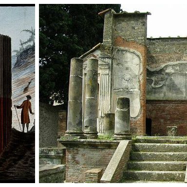 The discovery of the temple of Isis at Pompeii, buried under pumice and other volcanic matter. Coloured etching by Pietro Fabris, 1776/Il tempio di Iside a Pompei