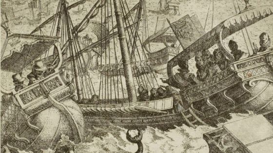 Pompes funèbres de la reine d'Espagne. Tempête sur les côtes de Barcelone (estampe / Jacques Callot 1611-1612 - Gallica BNF