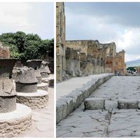Pompéi : boulangerie en 2005/ Via Stabiana en 2013, rue avec un passage piéton surélevé/Temple de Vespasien : bas-relief représentant le sacrifice d'un taureau