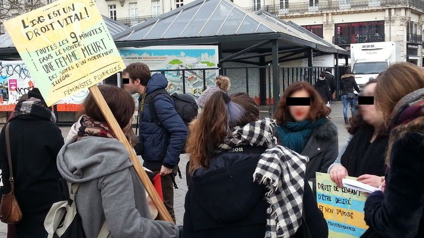 Les manifestants pro-IVG ont sorti les pancartes en début d'après-midi place du Commerce