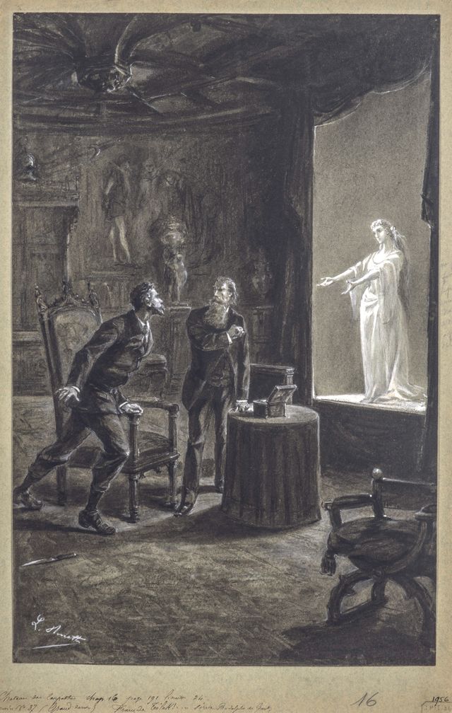 Dessin original de Léon Benett pour le Château des Carpathes de Jules Verne (1892)