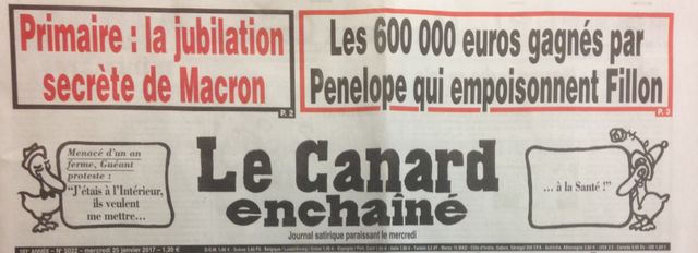 "Les 600 000€ gagnés par Penelope qui empoisonnent Fillon", Une du Canard enchaîné le 25/01/17