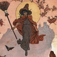Une sorcière et son balai. Illustration de Kate Greenaway (1846-1901)