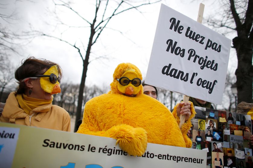 Manifestation d'auto-entrepreneurs en 2014, lors de la remise à plat de ce statut.