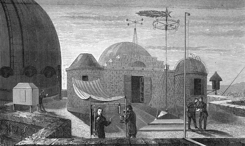 Les instruments météorologiquee, sur le toit de l'Observatoire. Gravure extraite de l'ouvrage : "L'Atmosphère, description des grands phénomènes de la nature" (Hachette, 1872).