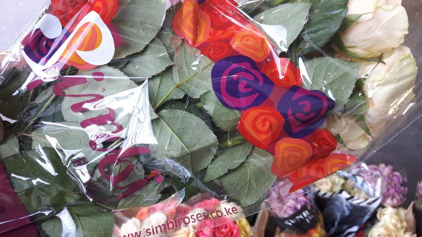 Roses du Kenya vendues 5 euros dans un supermarché. On voit la provenance, grâce à l'adresse internet.