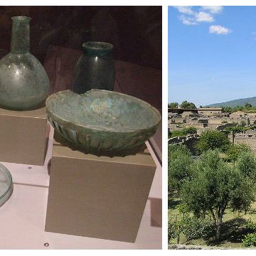 Pompéi : Objets romains en verre /Paysage agricole et Vésuve/outils