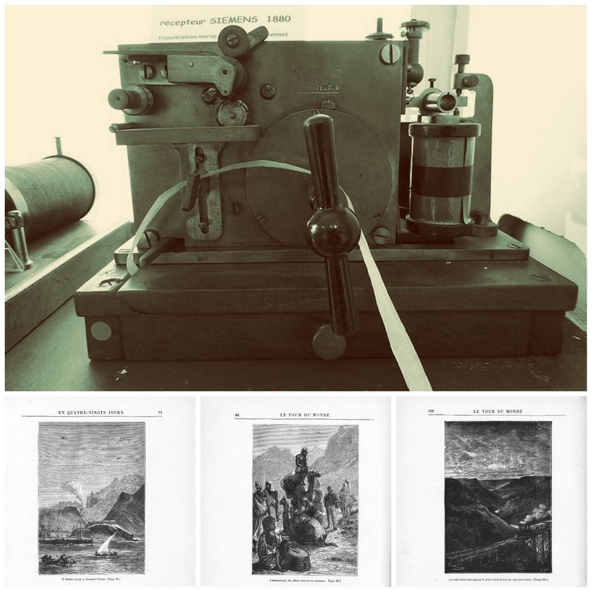 Récepteur Siemens 1880.- Musée régional des télécommunications en Flandres/3 extraits du roman "Le tour du monde en quatre-vingts jours" par Jules Verne ; dessins par MM. de Neuville et L. Benett, Hetzel, 1903