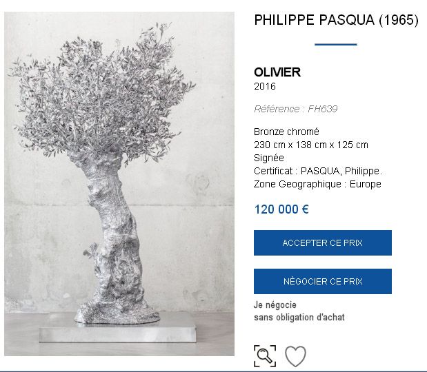 Mise en vente d'une oeuvre de Philippe Pasqua pour 120 000 euros sur le site Artviatic