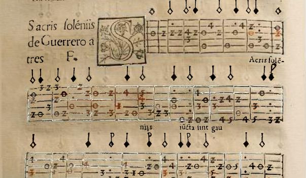 Sur les tablatures de l'Orphenica Lyra, les six lignes assemblées représentent les six paires de cordes de la vihuela, les chiffres et symboles inscrits sur ces lignes indiquent avec quel doigt pincer chaque corde. Rythme et parole sont au-dessus.