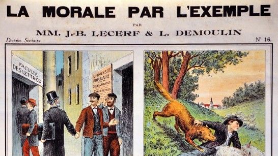 Panneau de La Morale par l'exemple par Lecerf et Dumoulin (Librairie d'Education Nationale) debut 20e siecle ©AFP - Leemage
