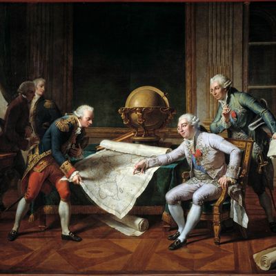 29 juin 1785 : le roi de France Louis XVI évoque avec le comte Jean Francois de La Perouse la préparation du parcours de son exploration autour du monde, en présence du marquis de Castries, ministre de la marine