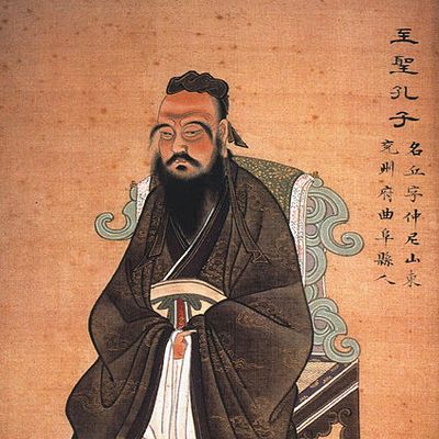 CONFUCIUS (c551-479 B.C.). Chinese philosopher. Gouache on paper, c1770. The Granger Collection.