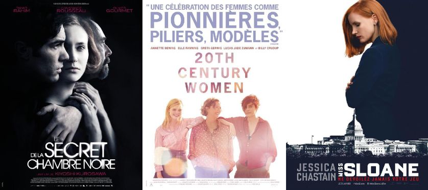 Affiches films "Le secret de la chambre noire", "20th century women", et "Miss Sloane"