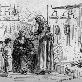 Coutume corse, 1865 : traitement contre le "mauvais oeil". Une femme laisse tomber des gouttes d'huile dans une assiette remplie d'eau qu'elle tient au-dessus de la tête d'un enfant frappé par une malédiction.