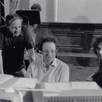 Pierre Boulez, Andrew Gerzso et Tod Machover à l'IRCAM travaillant sur "Répons" 1983