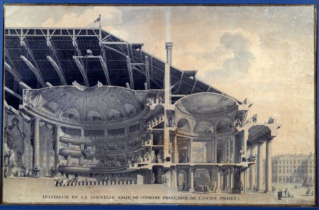 "Vue de l'intérieur de la nouvelle salle de la Comédie Française de l'Ancien Projet" (Actuel Théâtre de l'Odéon). Projet à l'aquarelle de Marie Joseph Peyre (1730-1785) et Charles de Wailly (1729-1798)