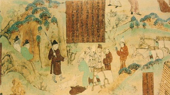 Marchands, dynastie Tang, Grottes des mille Bouddhas de Bezeklik, Chine. Peint sur le mur sud de la grotte n°45 - Wikicommons