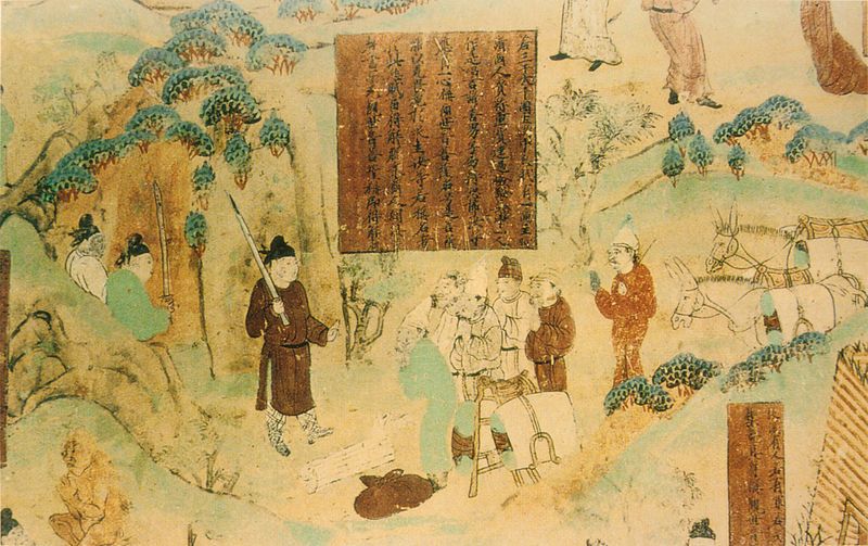 Marchands, dynastie Tang, Grottes des mille Bouddhas de Bezeklik, Chine. Peint sur le mur sud de la grotte n°45
