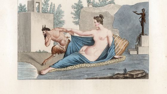 Un satyre lubrique se detourne, apres avoir decouvert que la belle endormie qu'il convoitait est Hermaphrodite (Fresque de Pompei) - Lithographie extraite du Musee Royal de Naples. ©AFP - ©Florilegius/Leemage