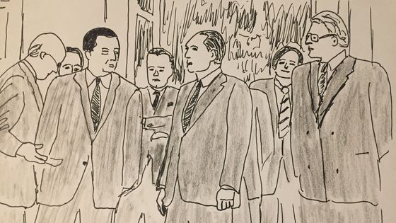 Perron de l’Elysée, le 23 mars 1983, Jacques Delors, ministre de l’Economie, François Mitterrand, Pierre Mauroy (1er ministre), vers le tournant de la rigueur - Dessin de Merryl Moneghetti d'après photo officielle