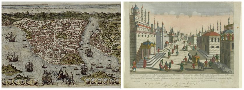 Byzantium Constantinopolis, Civitates Orbis Terrarum, 1572 (édition de 1593) par Georg Braun; Frans Hogenberg / Vuë auprès de la Mosquée du Sultan Soliman et de Mahomet à Constantinople, 1772, Cum Gratia et Privilegio Sac. Caes. Majestatis - Georg Ba