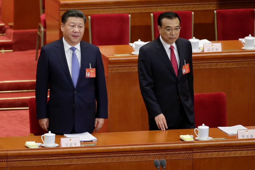 Le président chinois Xi Jinping et le premier ministre Li Keqiang lors de l'ouverture de la session annuelle de l’Assemblée nationale populaire, le 5 mars 2017.