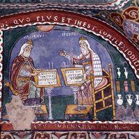 Le médecin grec Hippocrate le Grand (vers 460 avant JC-vers 370 avant JC) representé avec Galien (129/131-201/216 après JC), Fresque décorant la crypte de la chapelle Anagni, Cathédrale, Frosinone Italie