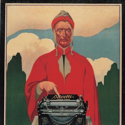 Affiche publicitaire pour les machines a ecrire italiennes Olivetti : le poete italien Dante Alighieri (1265-1321) pointe du doigt une machine. Illustration de Teodoro Wolf Ferrari, 1912.